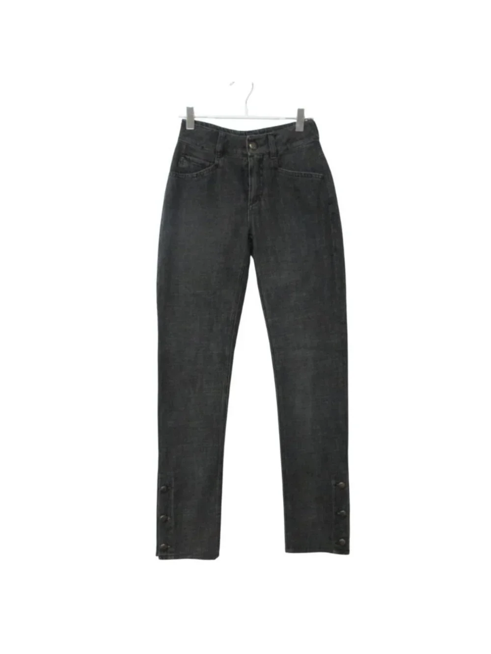 Chanel Denim Pants Slim Jeans CC Logo Hem Button Black